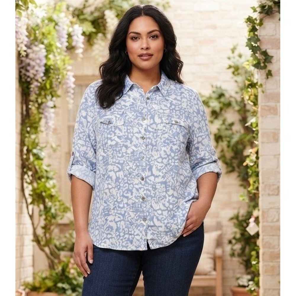 Woman‎ Within Abstract Floral Button Down Long Sleeve Shirt 2X Vacation Roll Tab